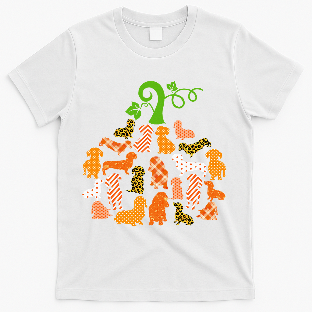 Dachshund Pumpkin Shape Plaid Leopard Dog Autumn Halloween T-Shirt - White