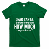 Dear Santa Before I Explain How Much Do You Know Funny Christmas T-Shirt - Irish Green