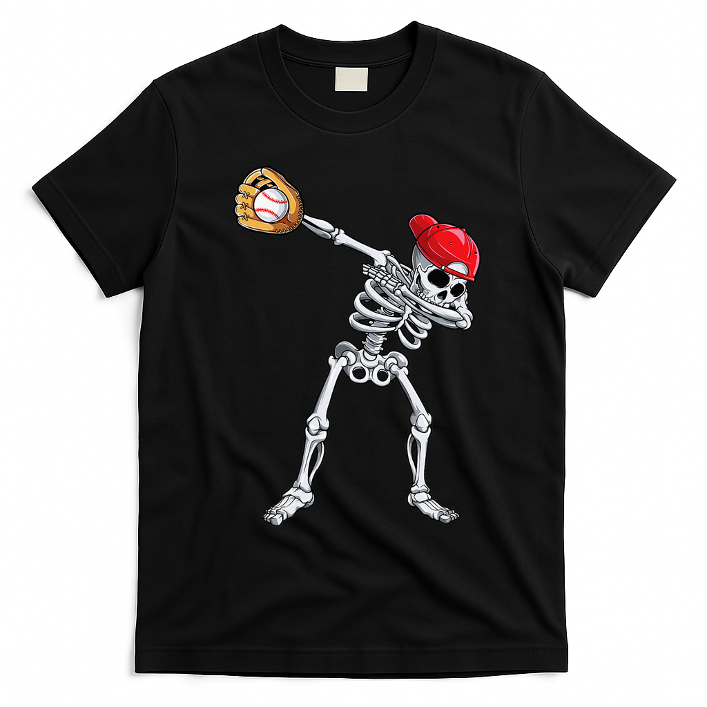 Dabbing Skeleton Baseball Halloween Player Catcher Pitcher T-Shirt - Black