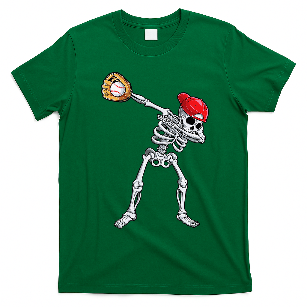 Dabbing Skeleton Baseball Halloween Player Catcher Pitcher T-Shirt - Irish Green