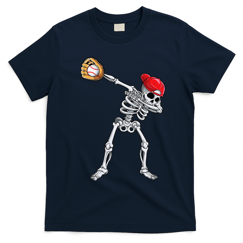 Dabbing Skeleton Baseball Halloween Player Catcher Pitcher T-Shirt - Navy Blue