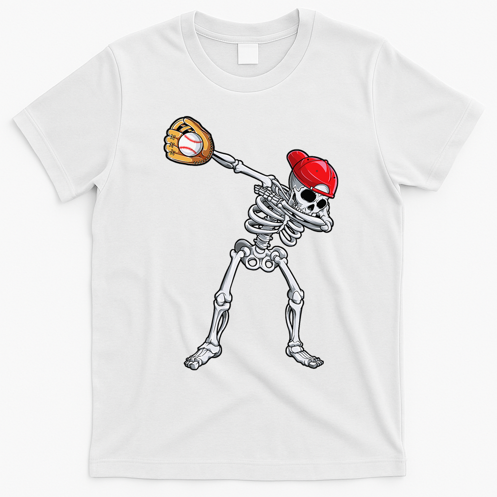 Dabbing Skeleton Baseball Halloween Player Catcher Pitcher T-Shirt - White