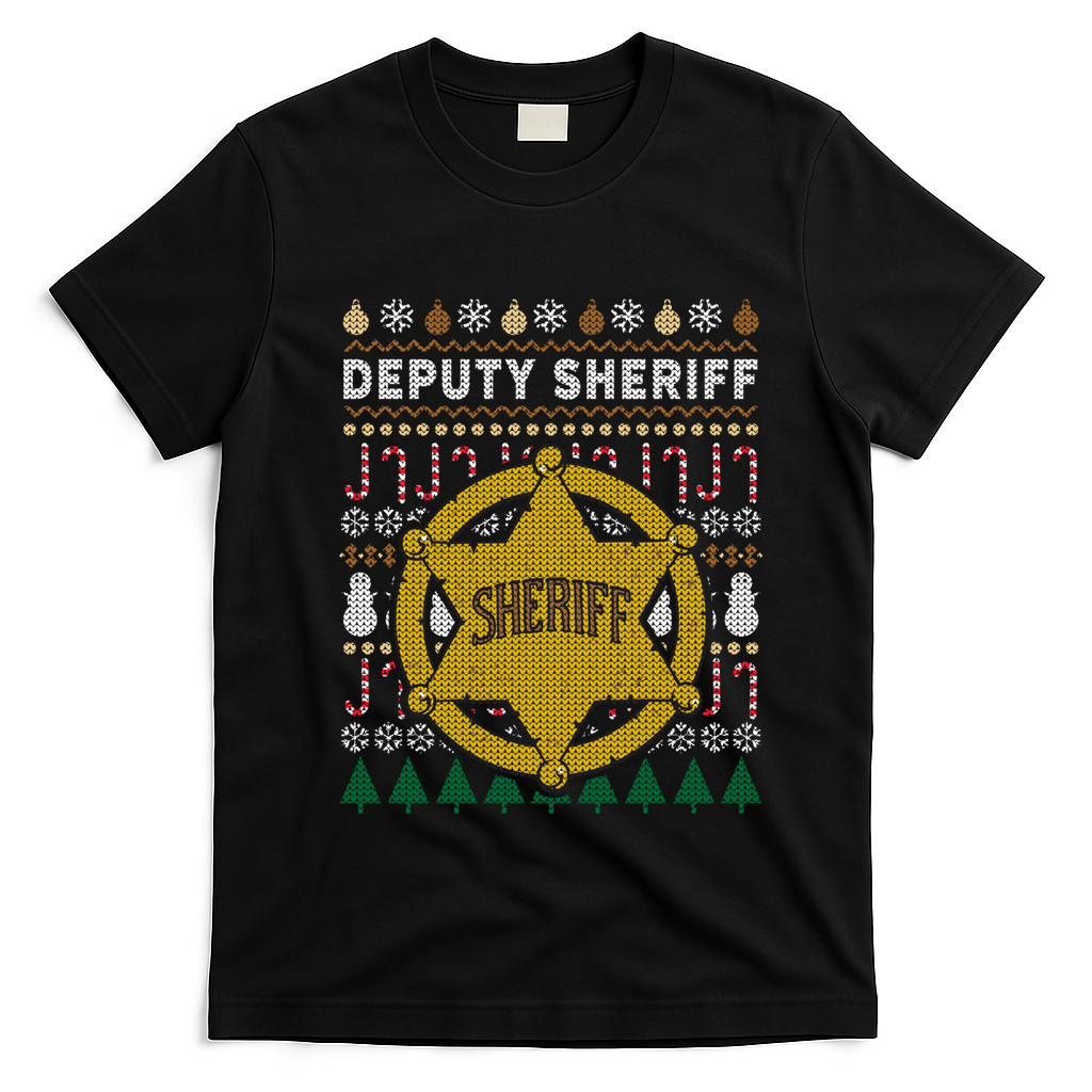 Deputy Sheriff Gift Ugly Christmas T-Shirt - Black
