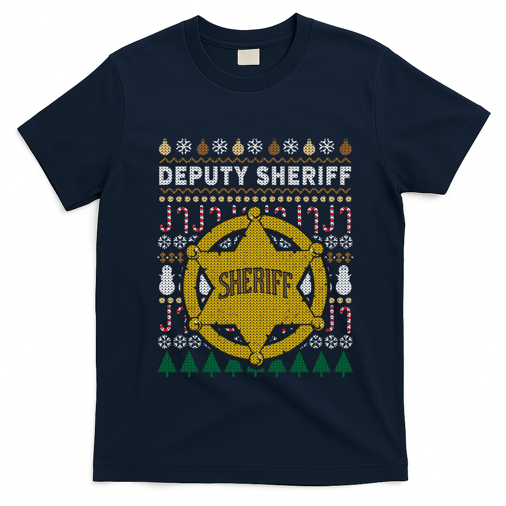 Deputy Sheriff Gift Ugly Christmas T-Shirt - Navy Blue