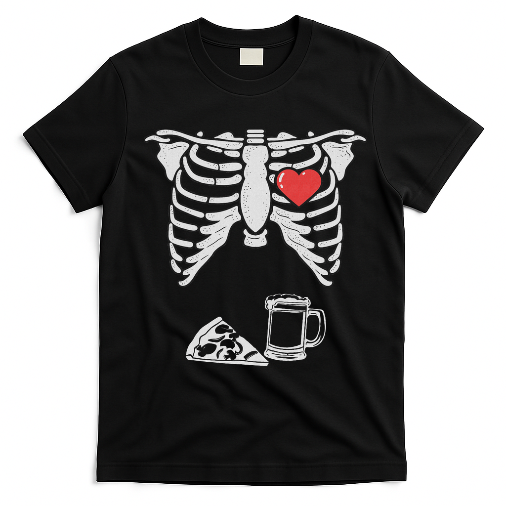 Dad Skeleton Halloween Beer Pizza Funny Pregnancy Couple T-Shirt - Black