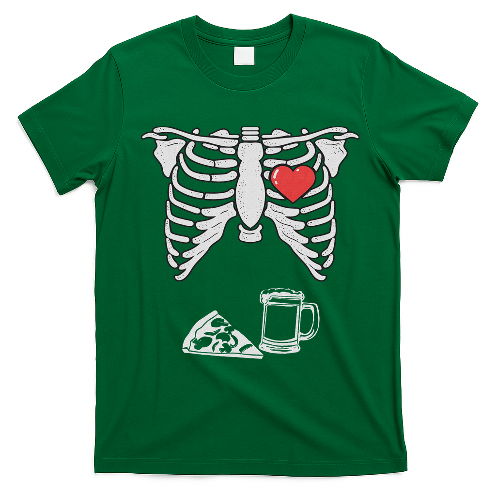 Dad Skeleton Halloween Beer Pizza Funny Pregnancy Couple T-Shirt - Irish Green