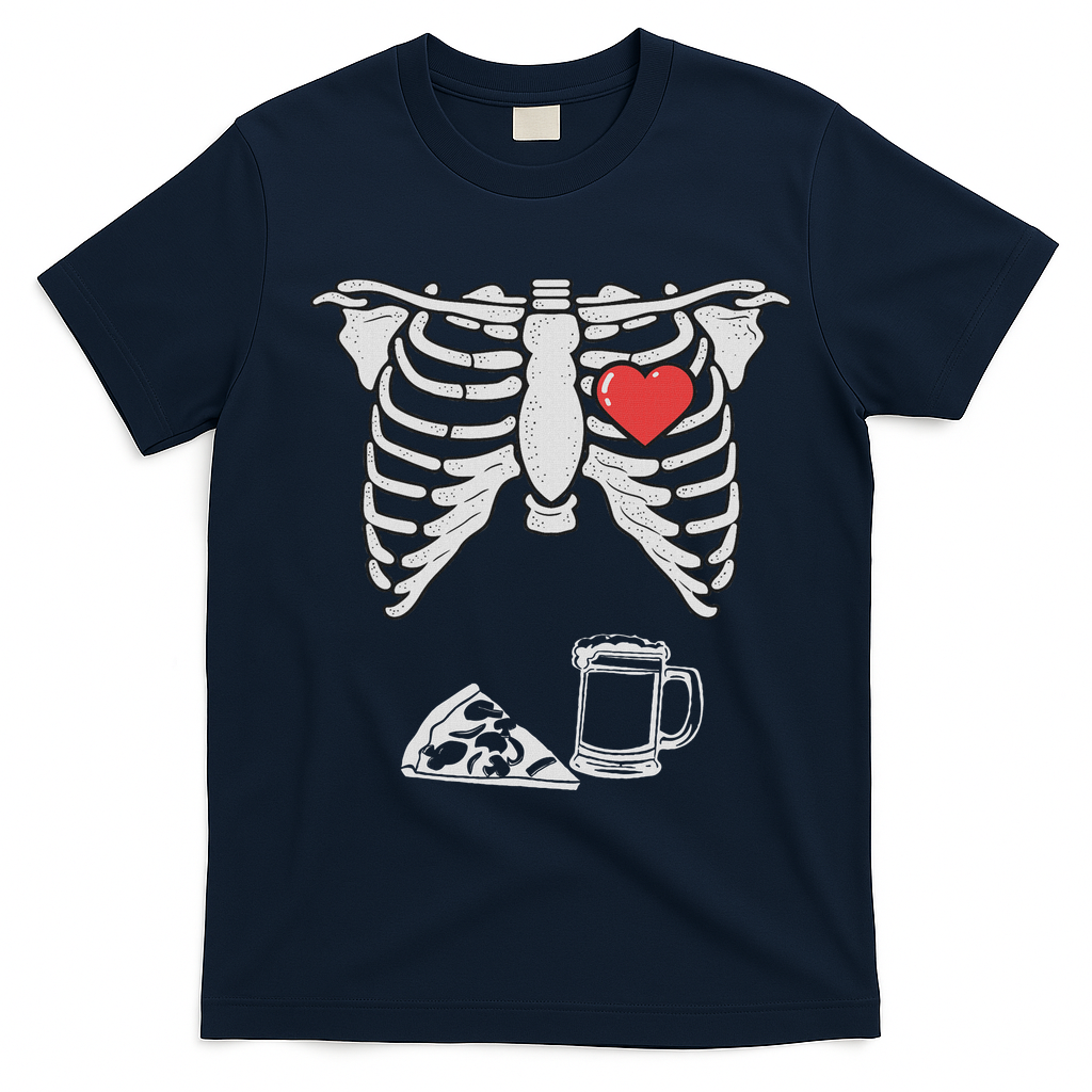 Dad Skeleton Halloween Beer Pizza Funny Pregnancy Couple T-Shirt - Navy Blue