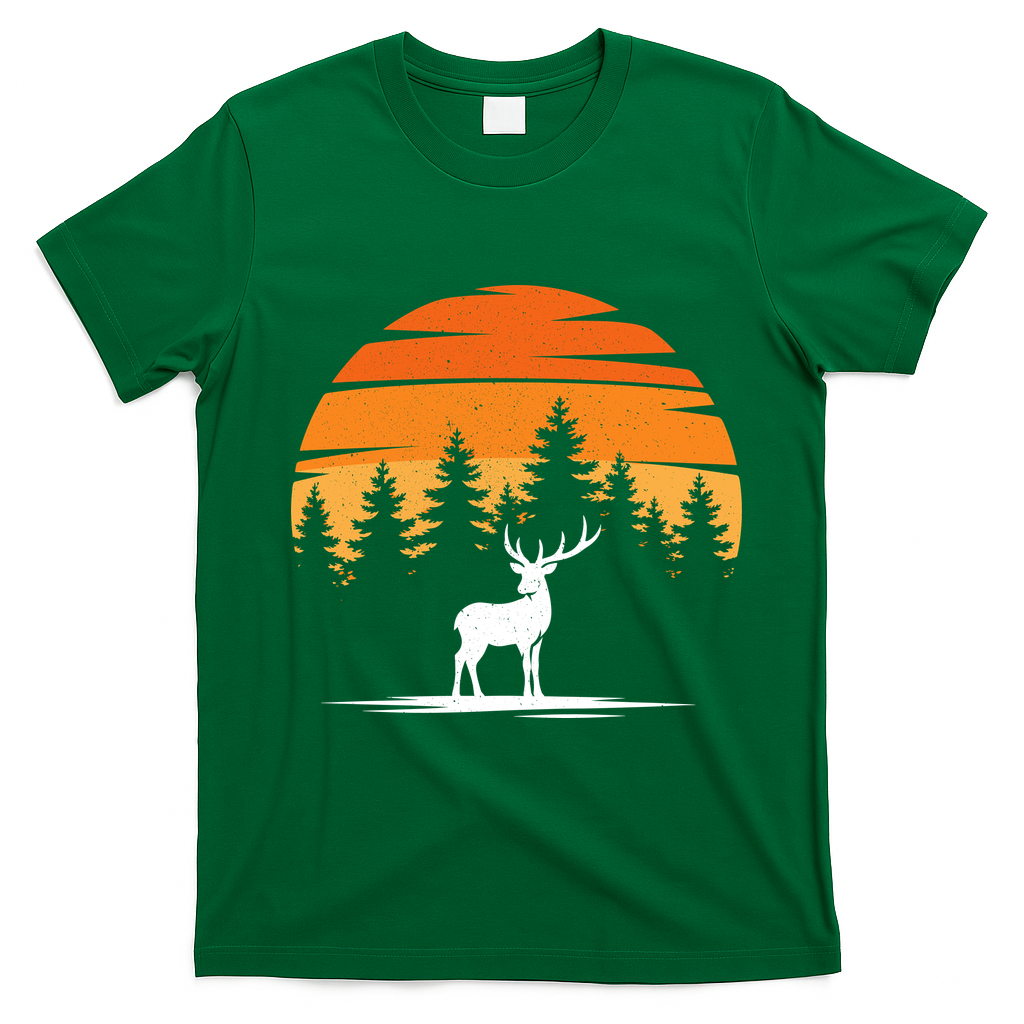 Deer Sunset Mountain Scene Vintage Outdoor Retro T-Shirt - Irish Green