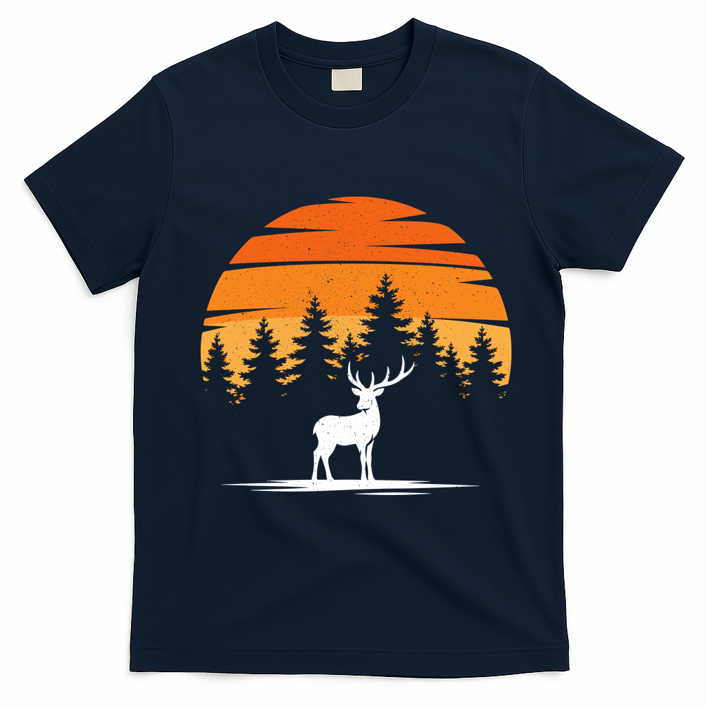 Deer Sunset Mountain Scene Vintage Outdoor Retro T-Shirt - Navy Blue