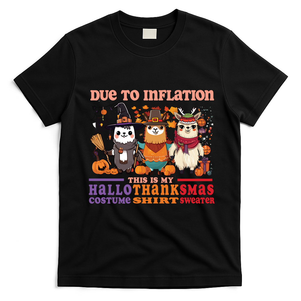 Due To Inflation Halloween Thanksgiving Ugly Christmas Llama Gift T-Shirt - Black