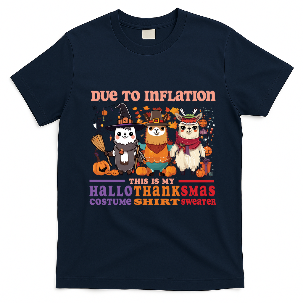 Due To Inflation Halloween Thanksgiving Ugly Christmas Llama Gift T-Shirt - Navy Blue