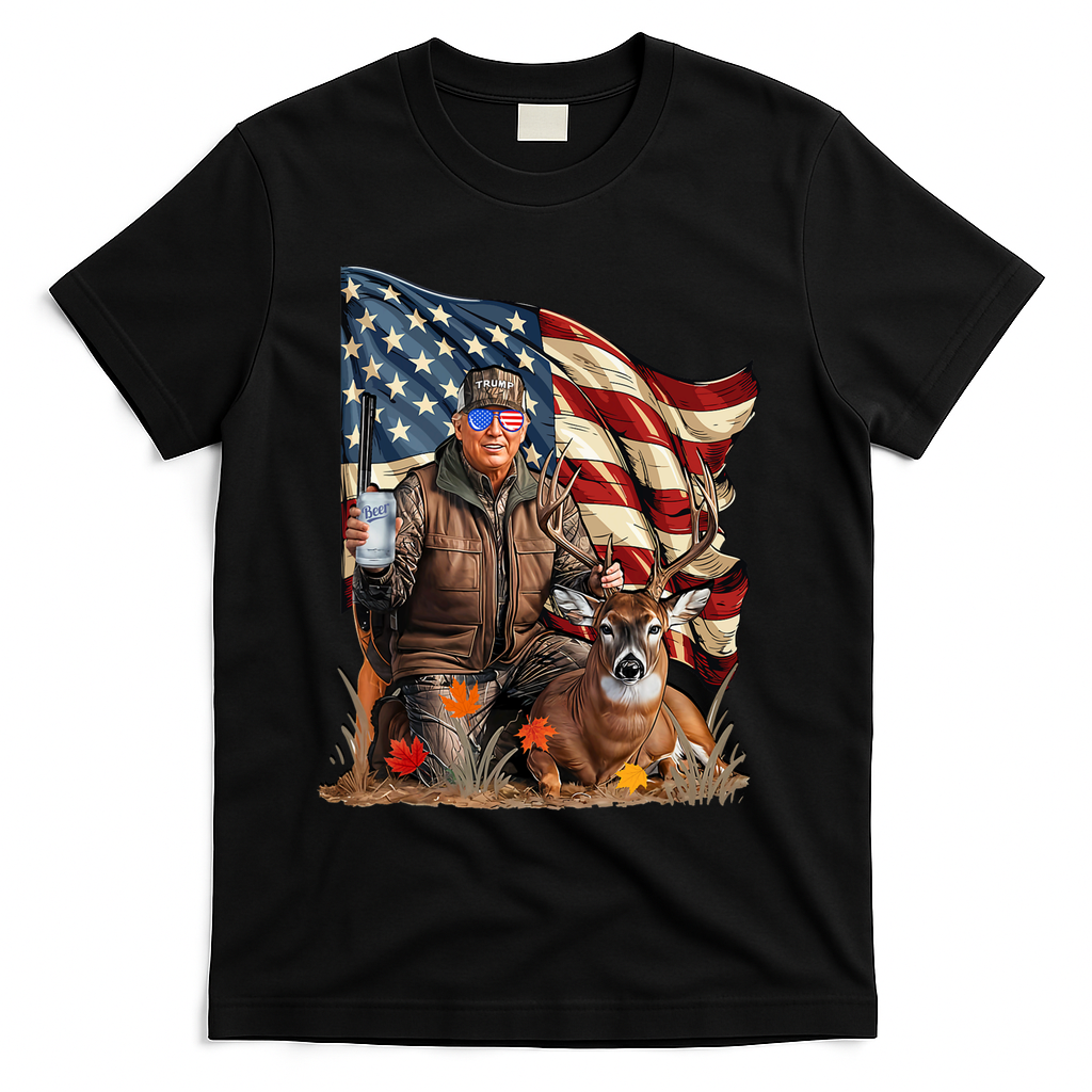 Donald Trump Maga Deer Hunting Parotic American Flag T-Shirt - Black