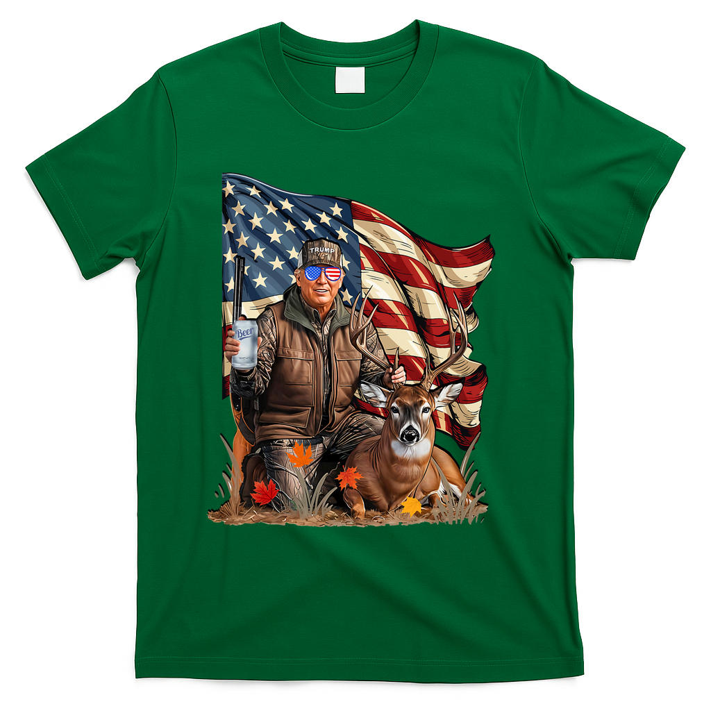 Donald Trump Maga Deer Hunting Parotic American Flag T-Shirt - Green