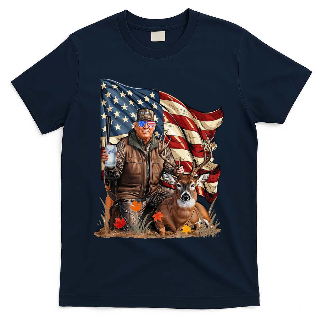 Donald Trump Maga Deer Hunting Parotic American Flag T-Shirt - Navy