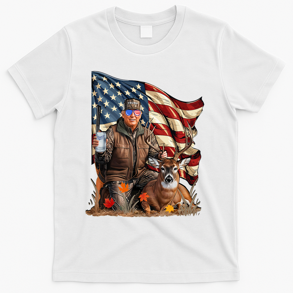 Donald Trump Maga Deer Hunting Parotic American Flag T-Shirt - White
