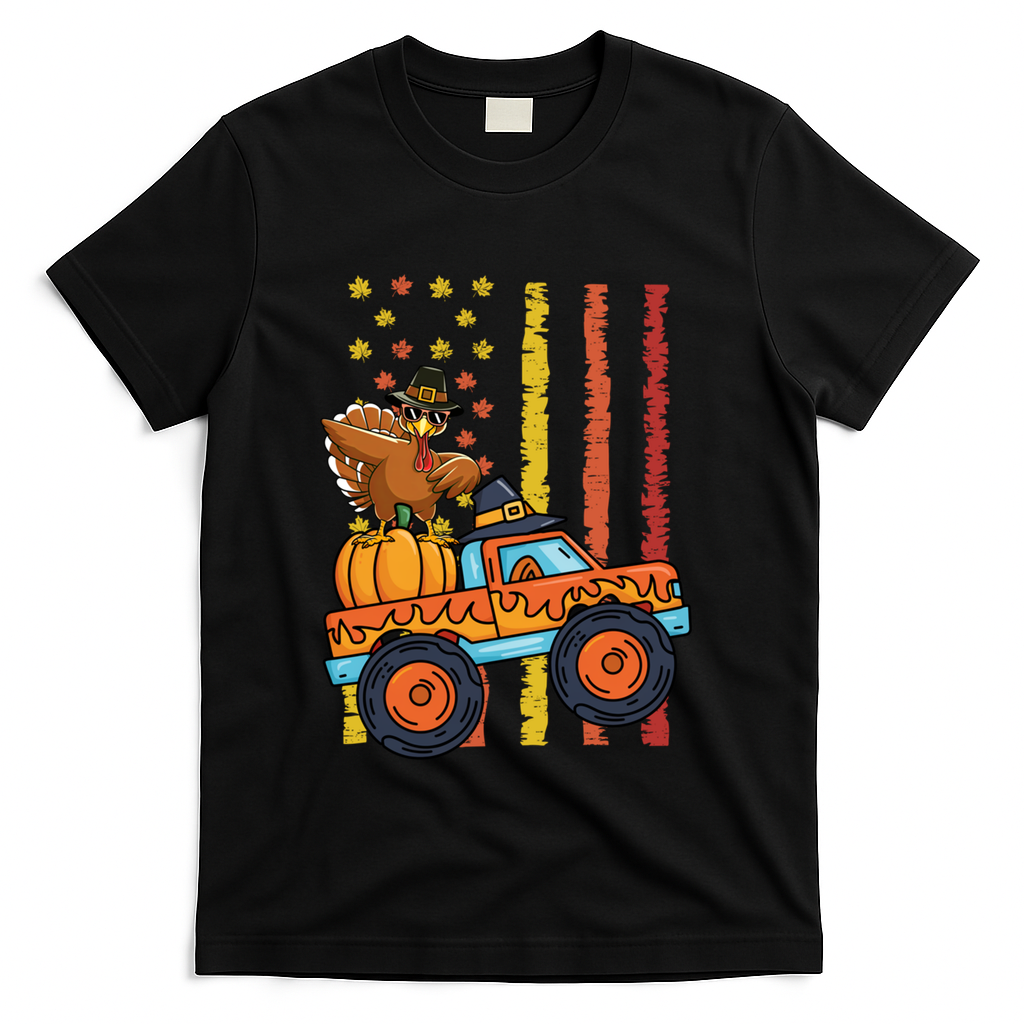 Dabbing Turkey Pumpkin Truck Autumn Usa Flag Thanksgiving Gift T-Shirt - Black