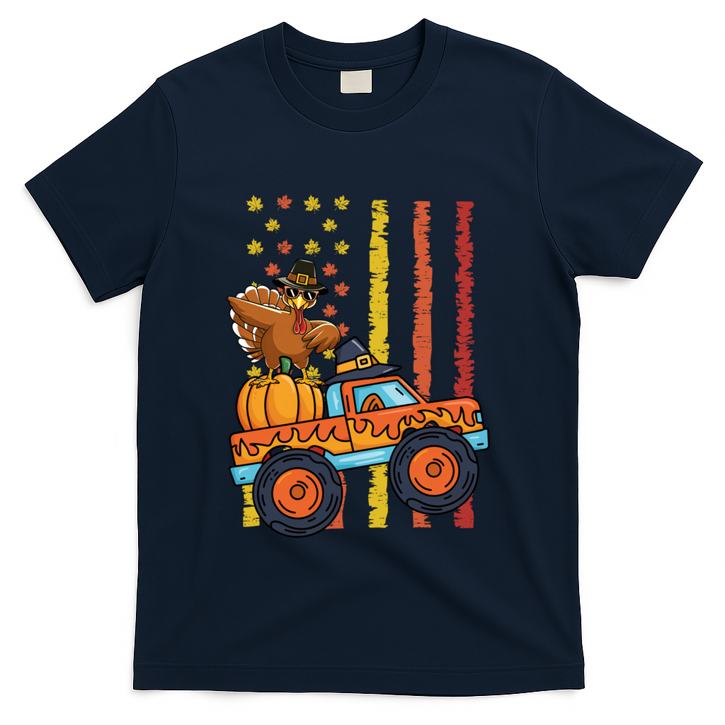 Dabbing Turkey Pumpkin Truck Autumn Usa Flag Thanksgiving Gift T-Shirt - Navy