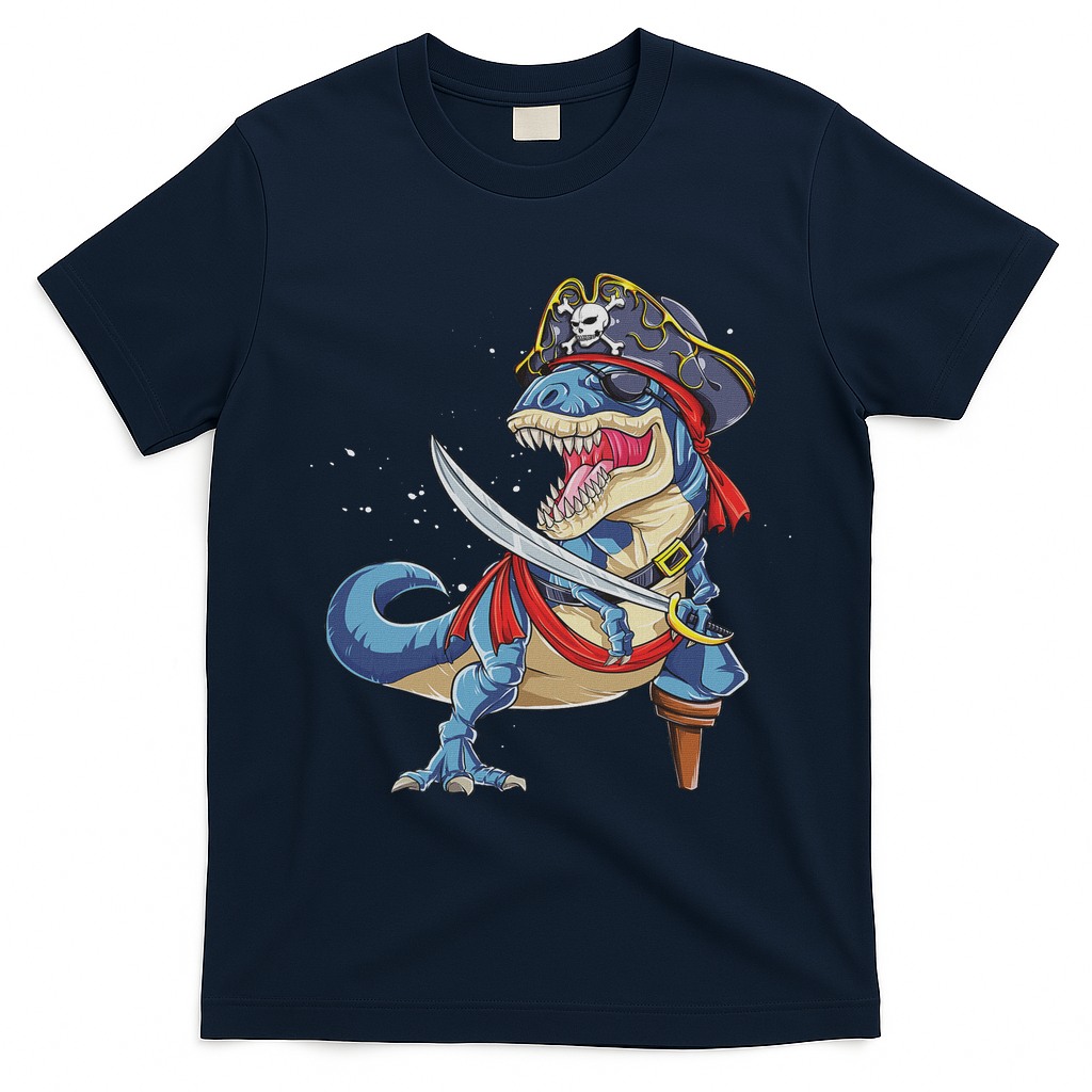 Dinosaur T Rex Pirate Jolly Roger Halloween Funny T-Shirt - Navy Blue