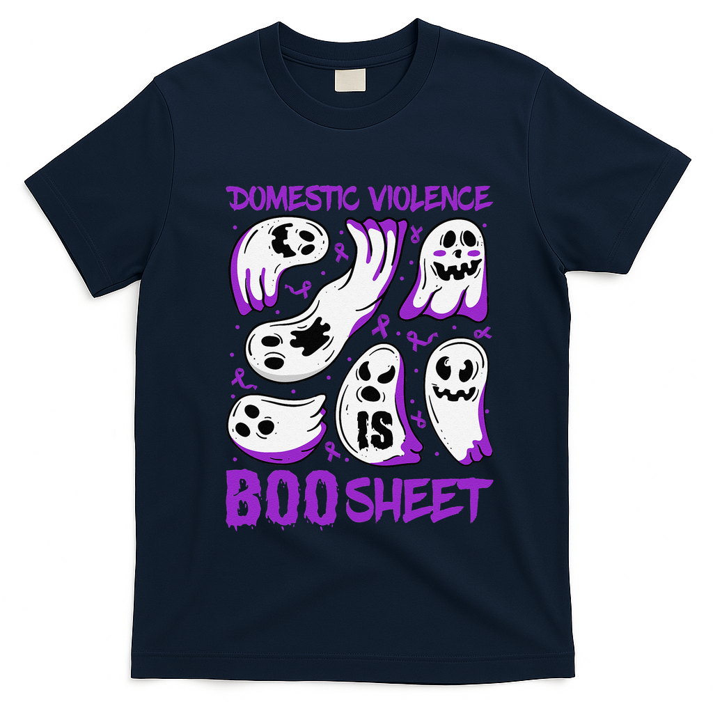 Domestic Violence Is Boo Sheet Ghost Purple Ribbon Halloween T-Shirt - Navy Blue
