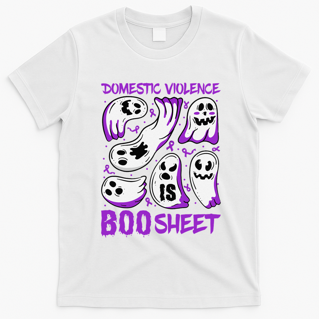 Domestic Violence Is Boo Sheet Ghost Purple Ribbon Halloween T-Shirt - White