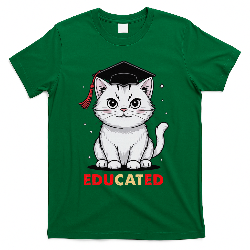 Educated Cat Graduation Cap Last Day Of School T-Shirt - Green