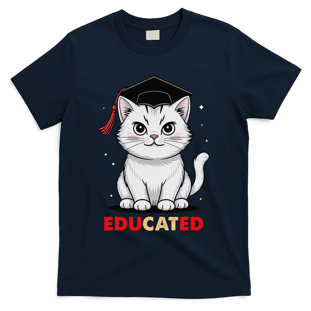 Educated Cat Graduation Cap Last Day Of School T-Shirt - Navy
