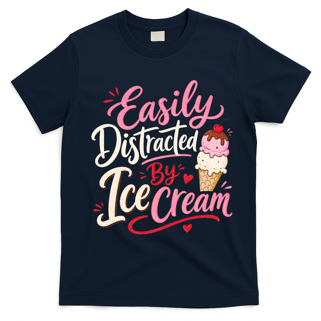 Easily Distracted By Ice Cream Funny Cute T-Shirt - Navy Blue