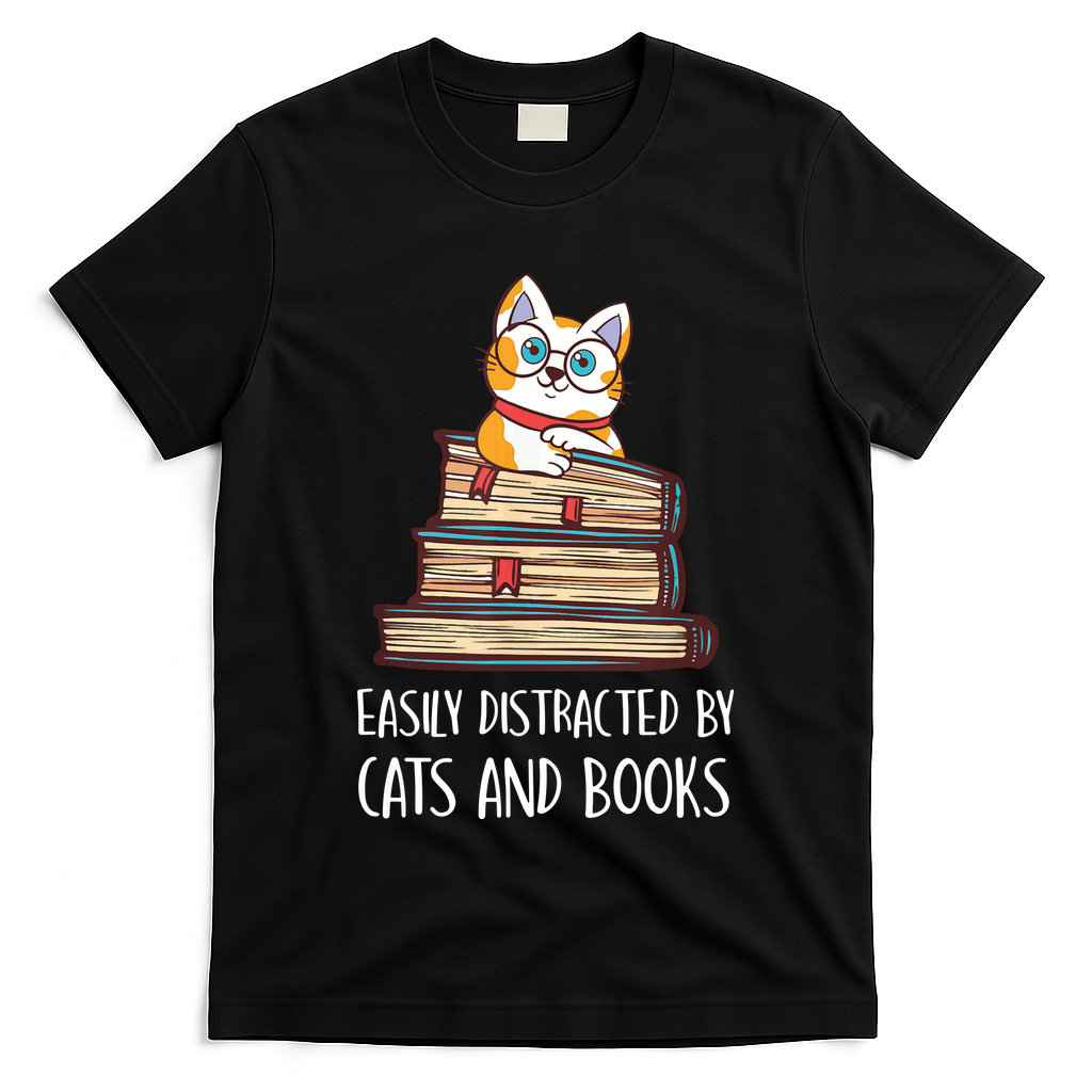 Easily Distracted By Cats And Books Cat & Book Lover T-Shirt