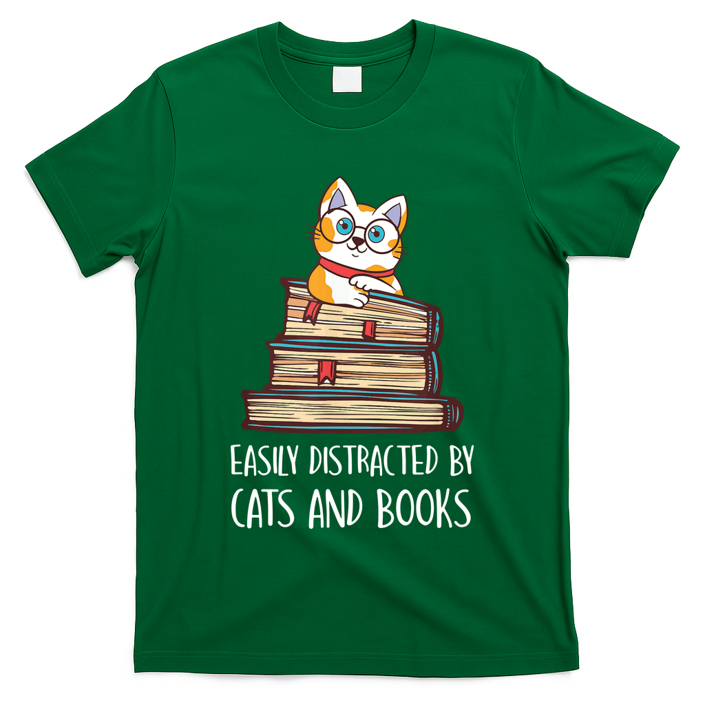 Easily Distracted By Cats And Books Cat & Book Lover T-Shirt