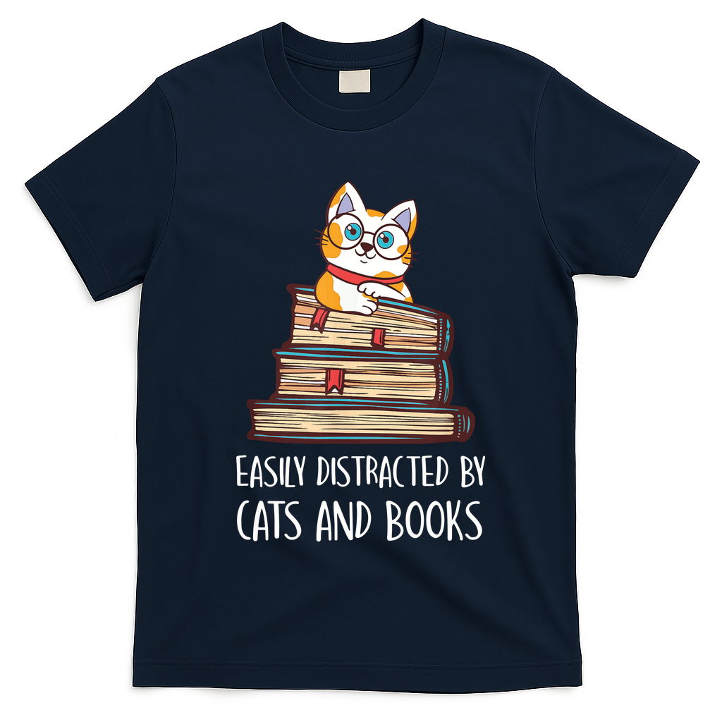 Easily Distracted By Cats And Books Cat & Book Lover T-Shirt