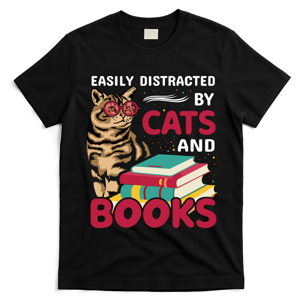 Easily Distracted By Cats And Books T-Shirt