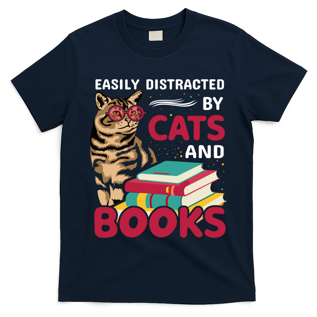 Easily Distracted By Cats And Books T-Shirt