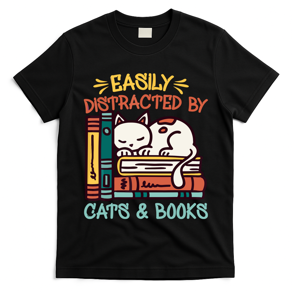 Easily Distracted By Cats And Books Cat & Book Lover T-Shirt