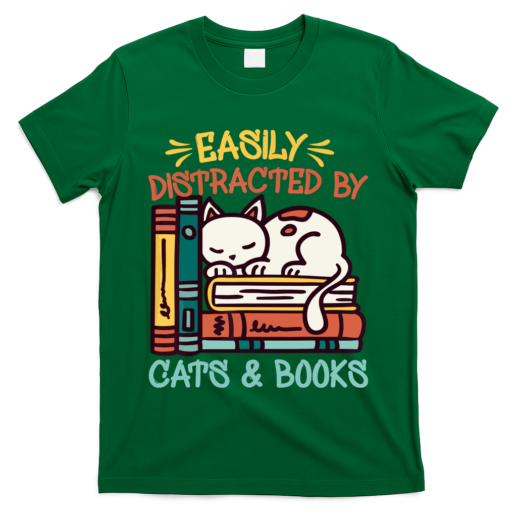 Easily Distracted By Cats And Books Cat & Book Lover T-Shirt
