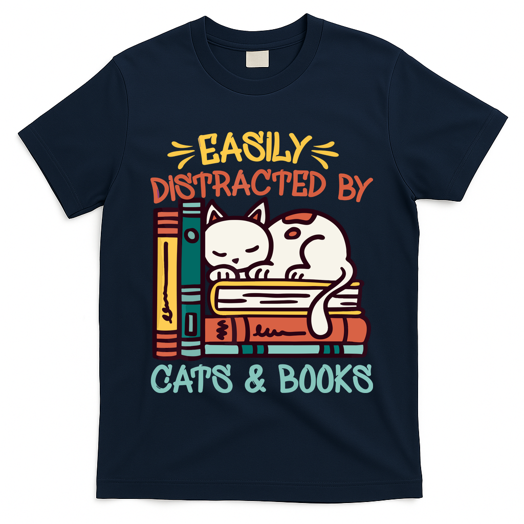 Easily Distracted By Cats And Books Cat & Book Lover T-Shirt