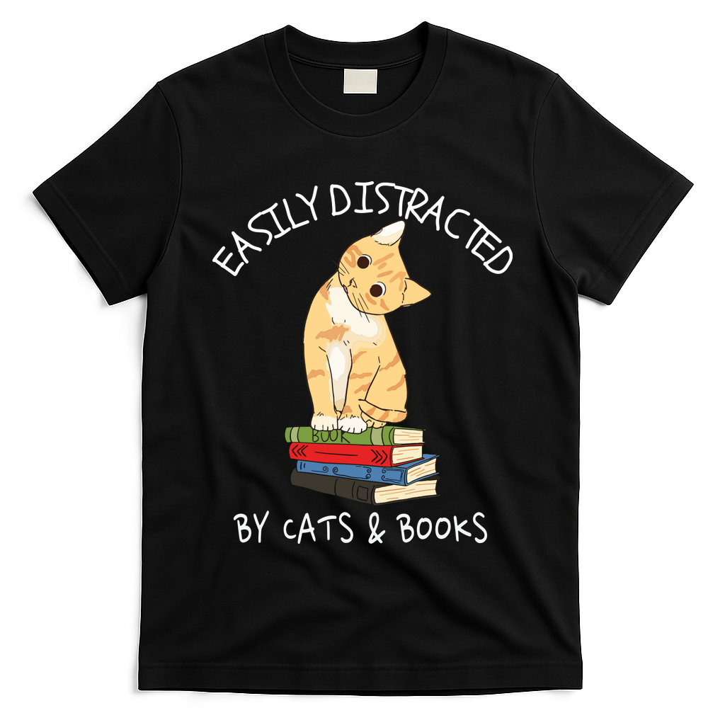 Easily Distracted By Cats And Books Cat & Book Lover T-Shirt