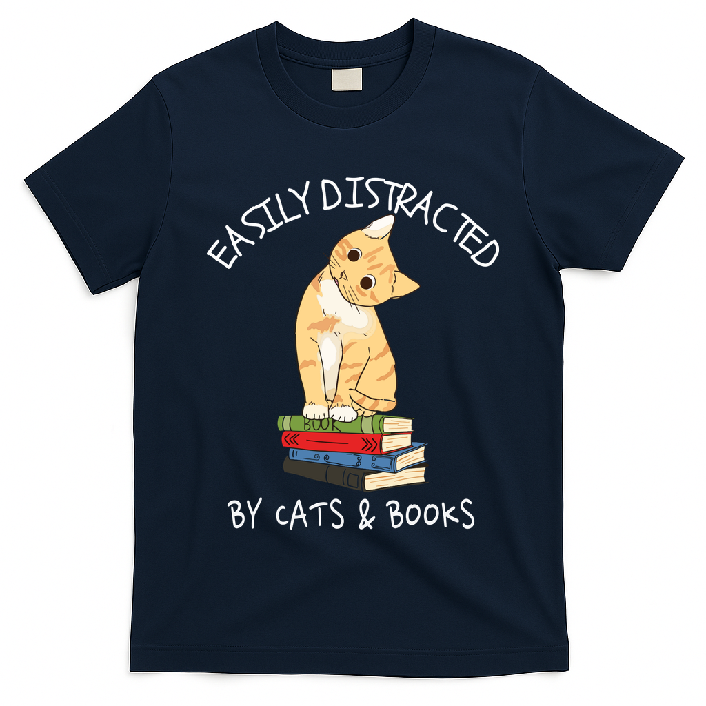 Easily Distracted By Cats And Books Cat & Book Lover T-Shirt