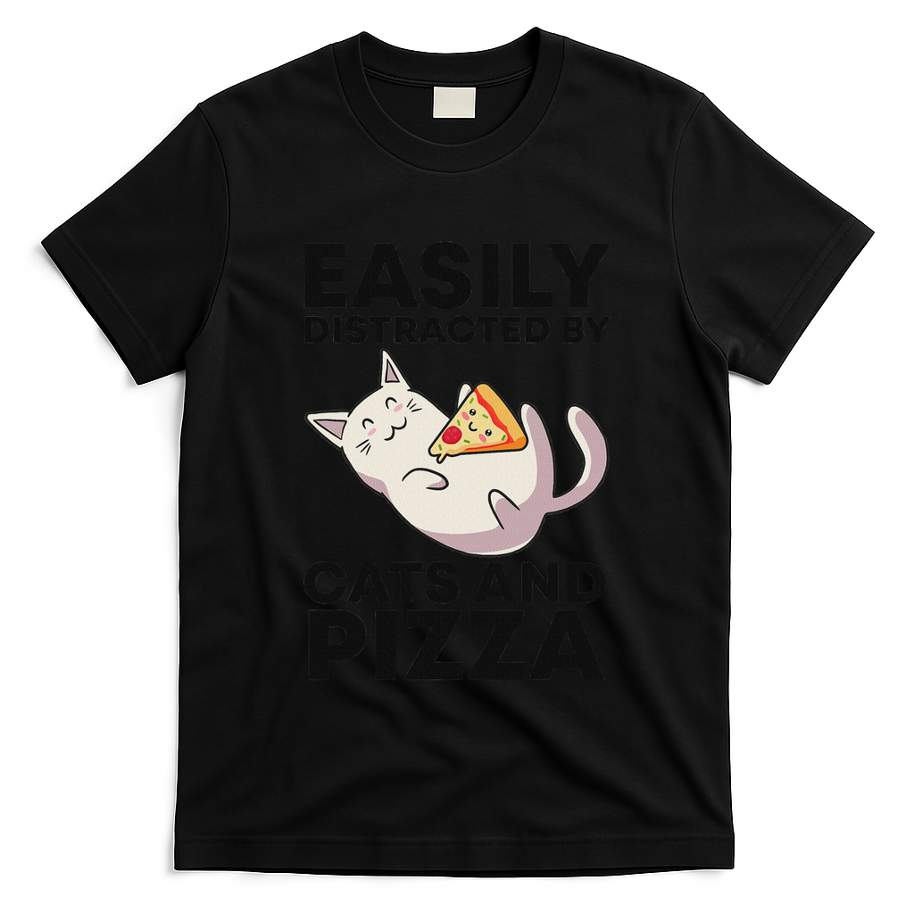 Easily Distracted By Cats And Pizza Kawaii Cat Lovers Gift T-Shirt