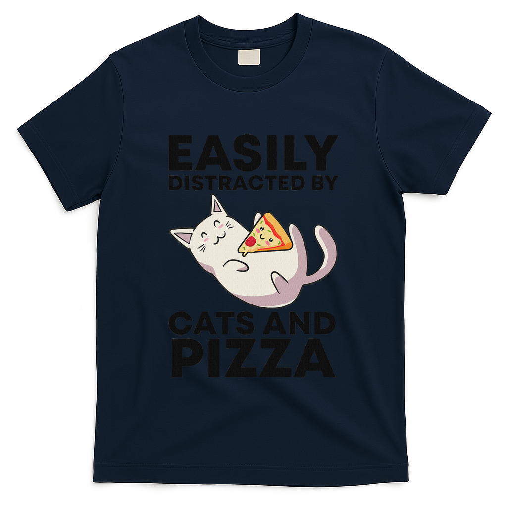 Easily Distracted By Cats And Pizza Kawaii Cat Lovers Gift T-Shirt