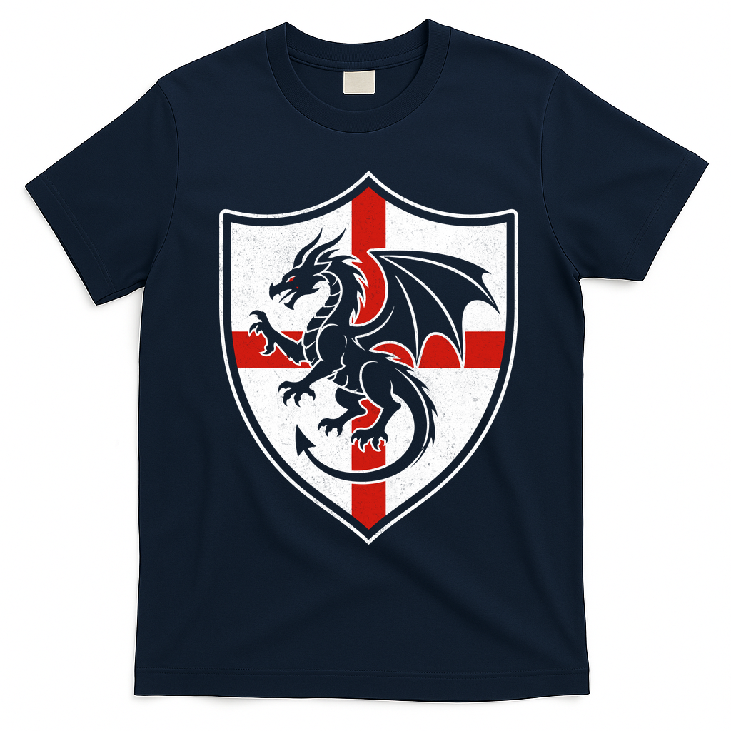England Dragon Crest Shield Red Cross Emblem T-Shirt - Navy Blue