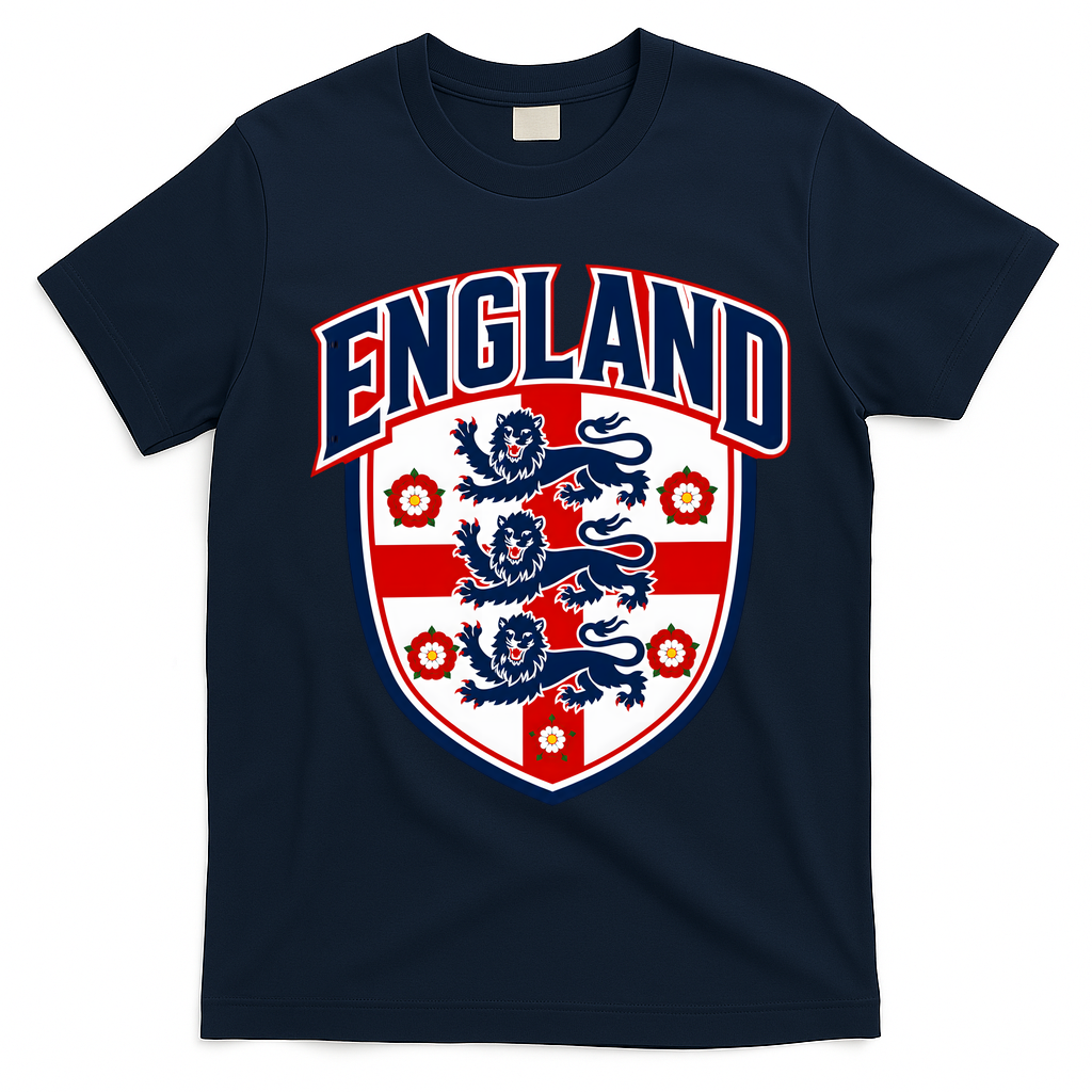 England English Flag Crest Soccer Fan T-Shirt - Navy Blue