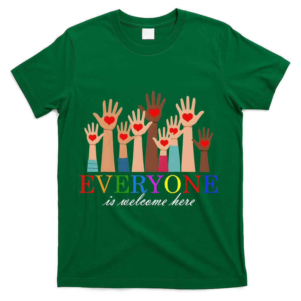 Everyone Is Welcome Here Idaho Teacher Support Lgbt Heart T-Shirt - Green