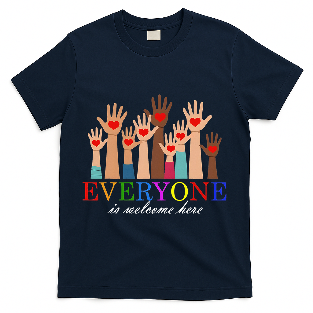 Everyone Is Welcome Here Idaho Teacher Support Lgbt Heart T-Shirt - Navy