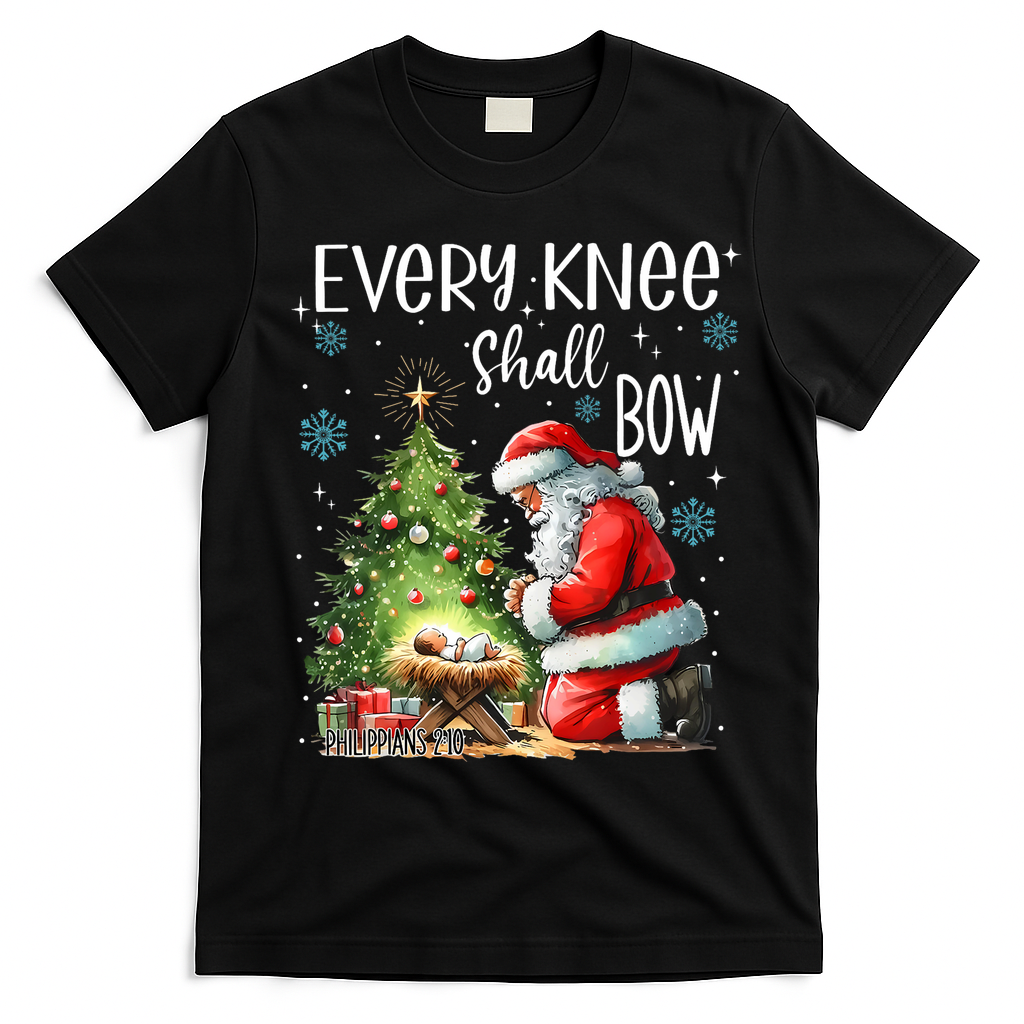 Every Knee Shall Bow Santa Christmas Nativity Scene Xmas T-Shirt - Black