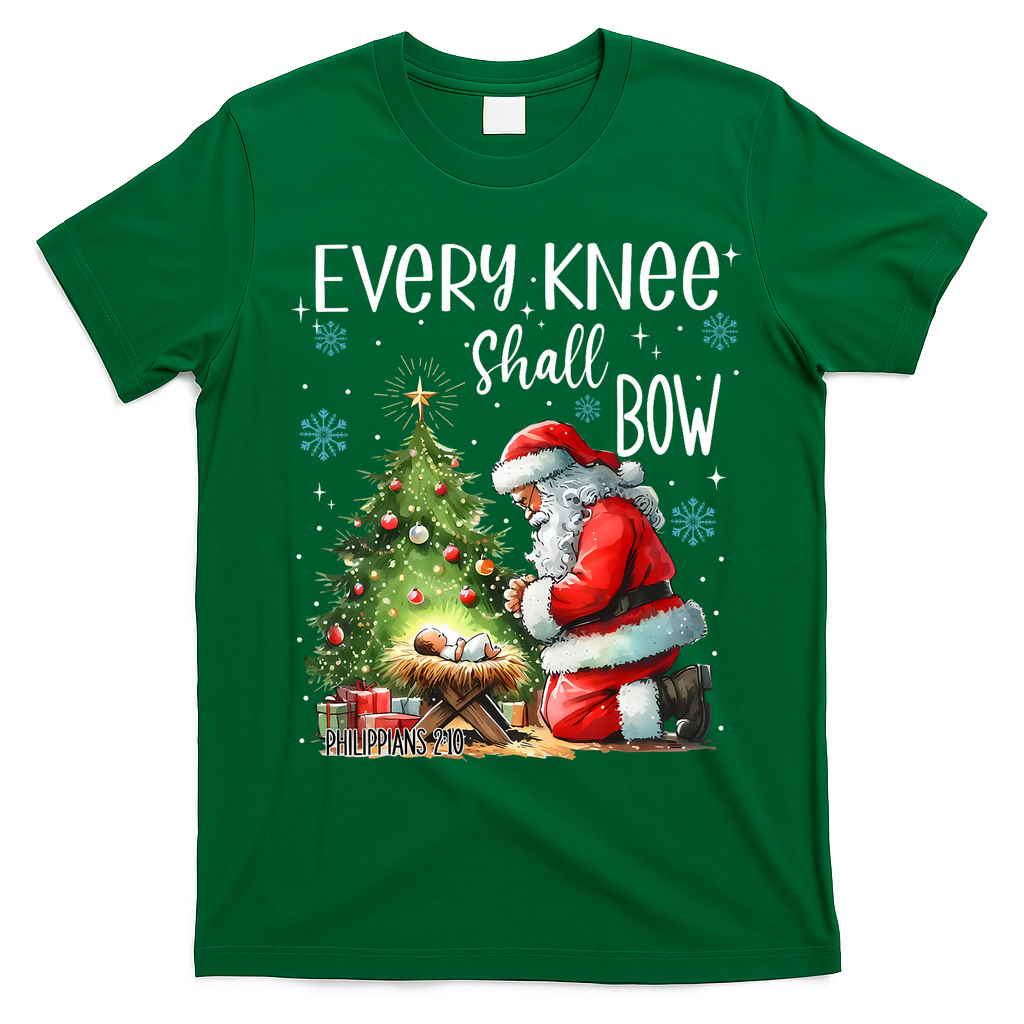 Every Knee Shall Bow Santa Christmas Nativity Scene Xmas T-Shirt - Irish Green