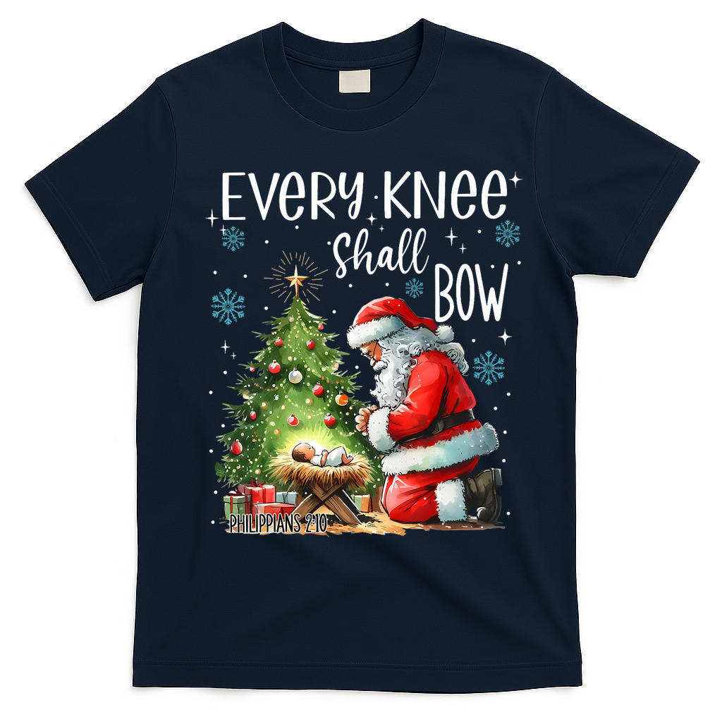 Every Knee Shall Bow Santa Christmas Nativity Scene Xmas T-Shirt - Navy Blue