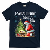 Every Knee Shall Bow Santa Christmas Nativity Scene Xmas T-Shirt - Navy Blue