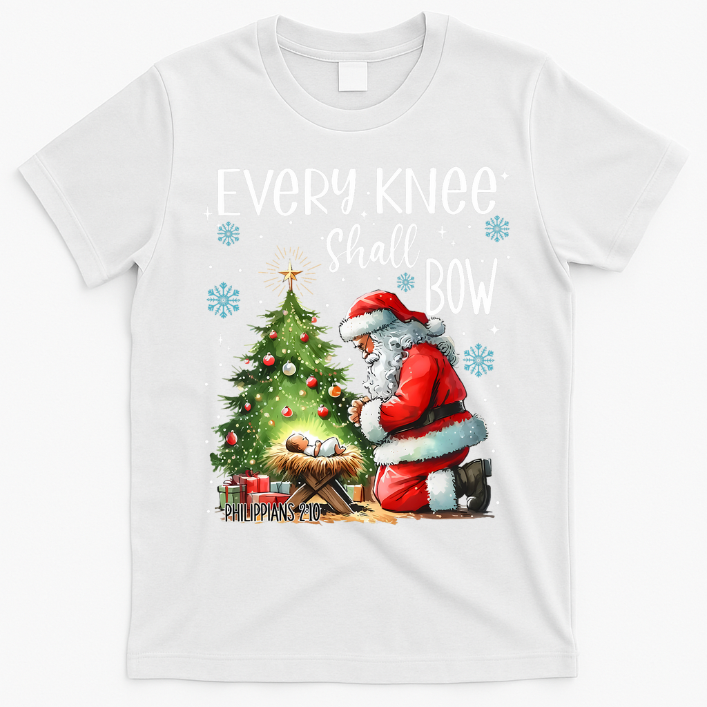 Every Knee Shall Bow Santa Christmas Nativity Scene Xmas T-Shirt - White