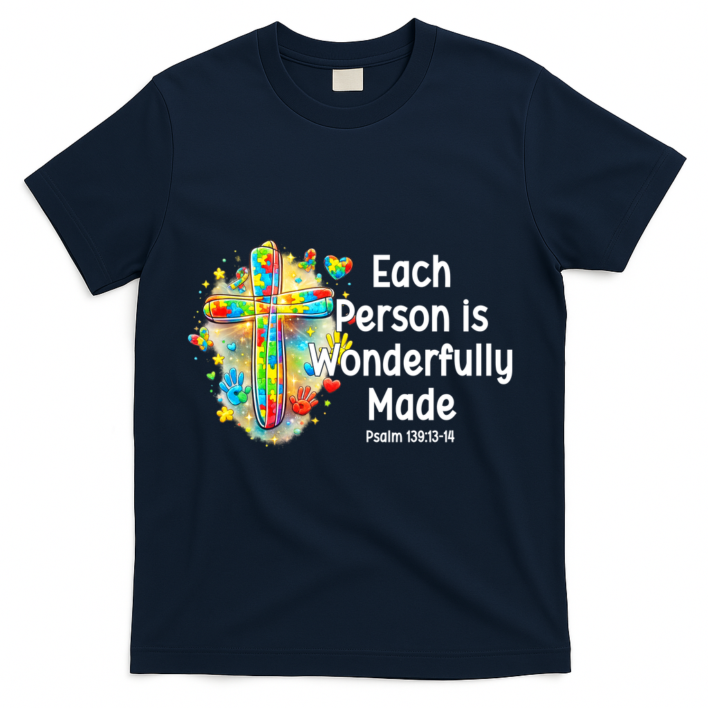 Each Person Is Wonderfully Made Christian Autism T-Shirt - Navy