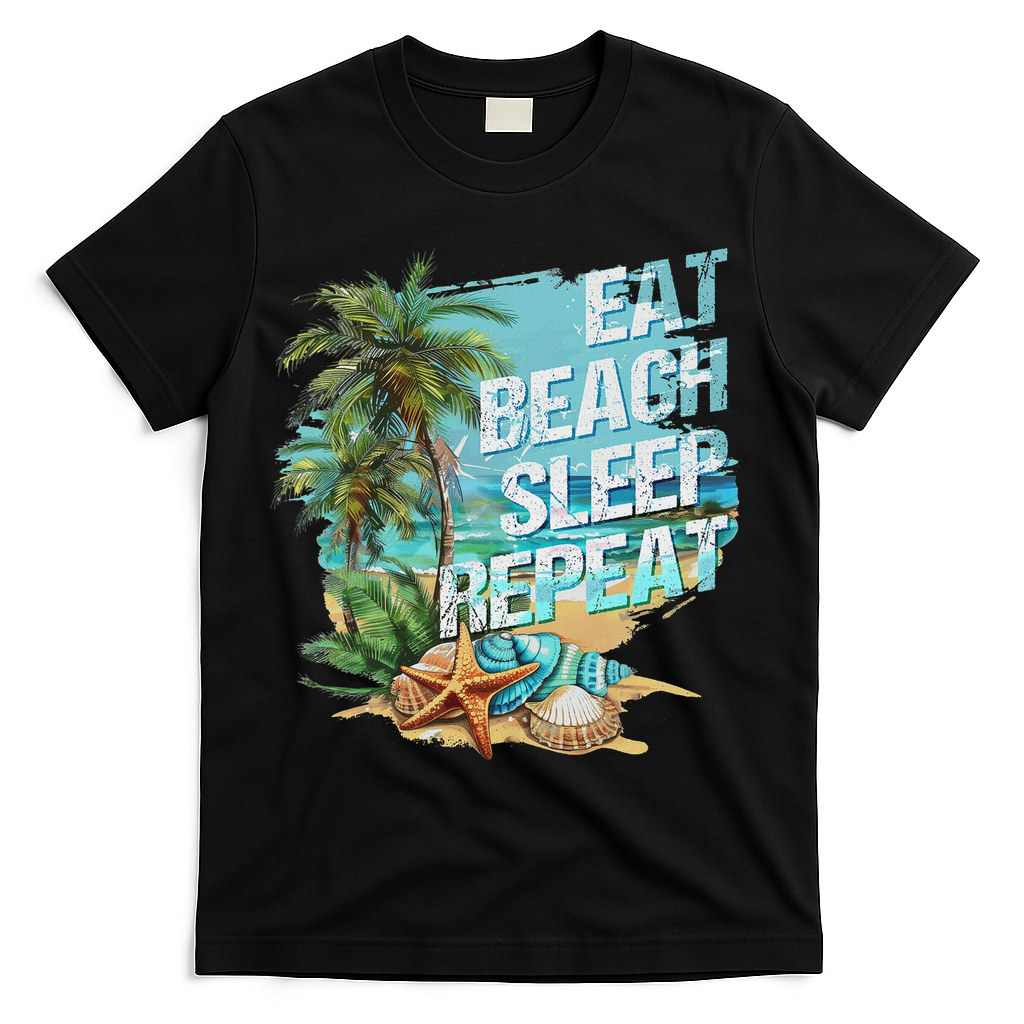 Eat Sleep Beach Repeat Summer Vacation Tropical Beach Design T-Shirt - Black